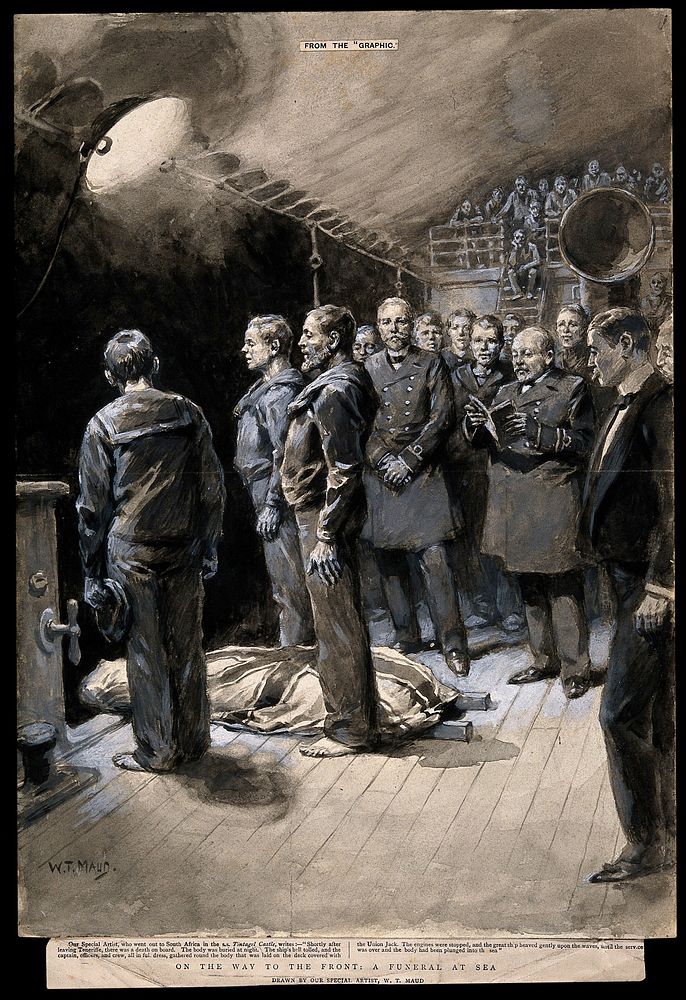 Boer War: a funeral on board a ship at night with officers and crew standing round the body. Watercolour with gouache by W.…