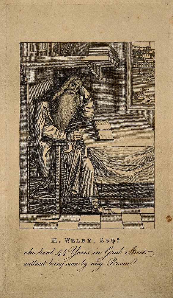 Henry Welby, a recluse, in his room. Etching.