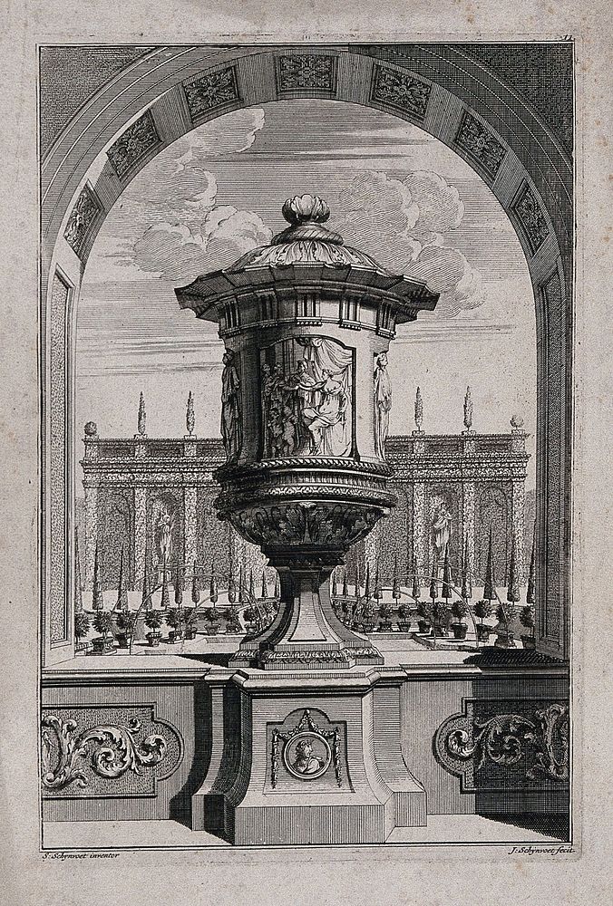 A large, ornate vase with figures partying carved in relief on the side, in a classical garden. Etching by J. Schynvoet, c.…