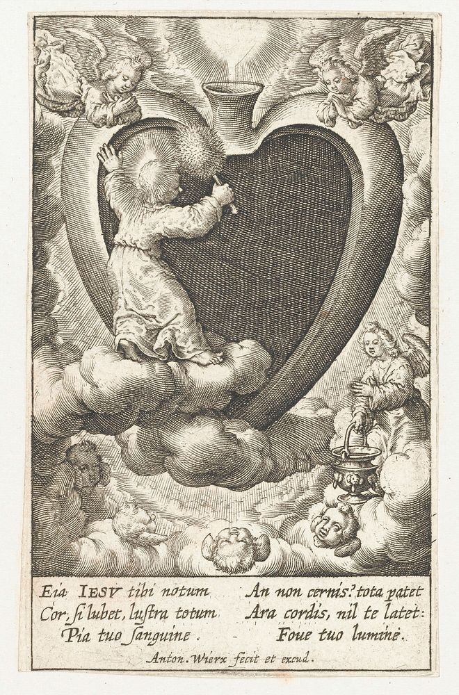 The Christ Child cleans the believer's heart with a hand-held mop, assisted and venerated by angels. Engraving by A. Wierix…