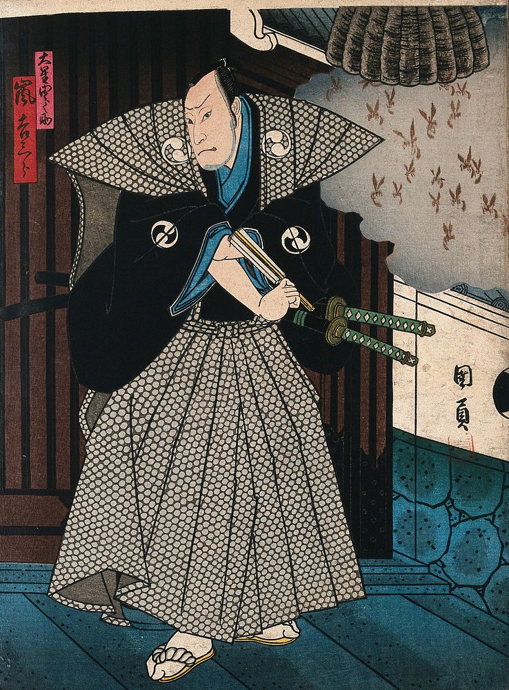 An actor representing an official by a wasps' nest. Colour woodcut by Kunikazu, early 1860s.