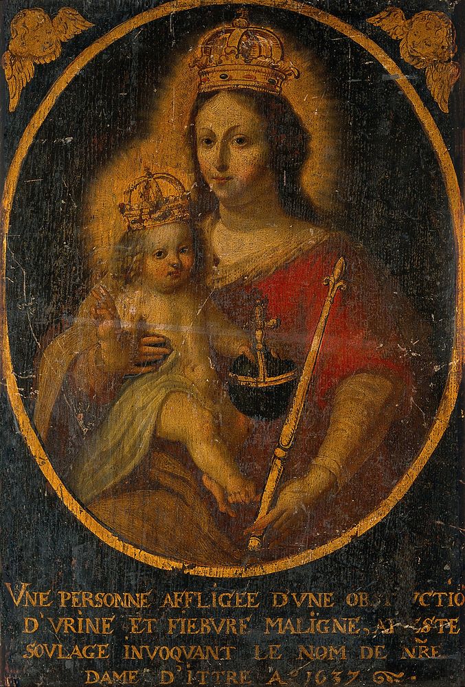 The Virgin of Ittre with the Christ Child, crowned and holding the orb and sceptre. Oil painting, 1637.