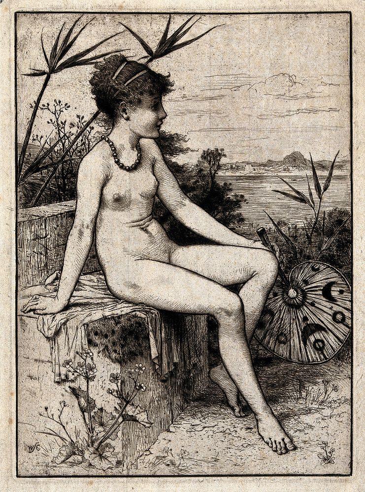 A young naked woman holding a Japanese fan is seated in a landscape. Etching by or after W.S. Coleman.