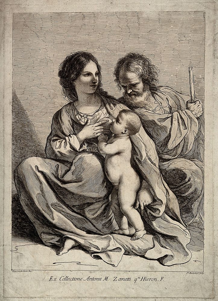 A woman sitting next to her husband and breast feeding her child. Etching by F. Bartolozzi after G.F. Barbieri, il Guercino.