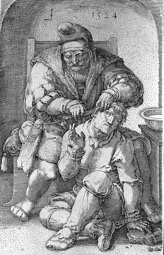 An itinerant surgeon extracting stones from a man's head; symbolising the expulsion of 'folly' (insanity) Line engraving by…