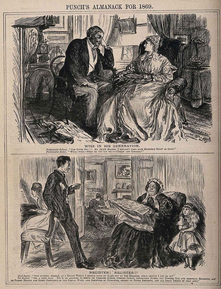 A boy telling his aunt the advantages of placing her name on the Social Register. Wood engraving after C. Keene, 1869.