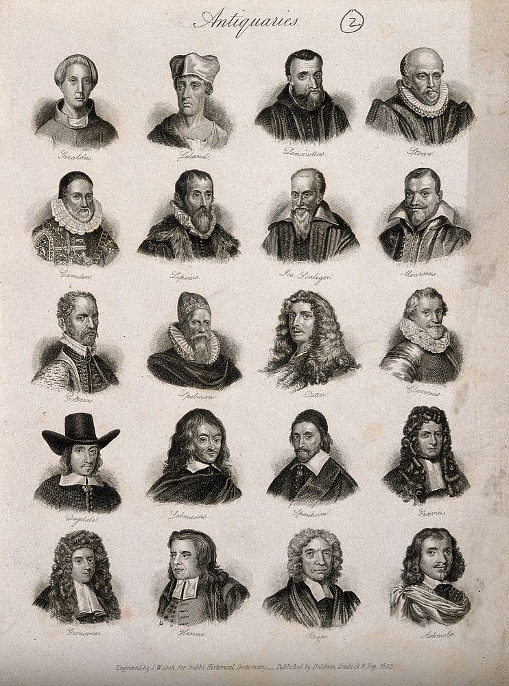 Antiquaries: twenty portraits of historians. Engraving by J.W. Cook, 1825.