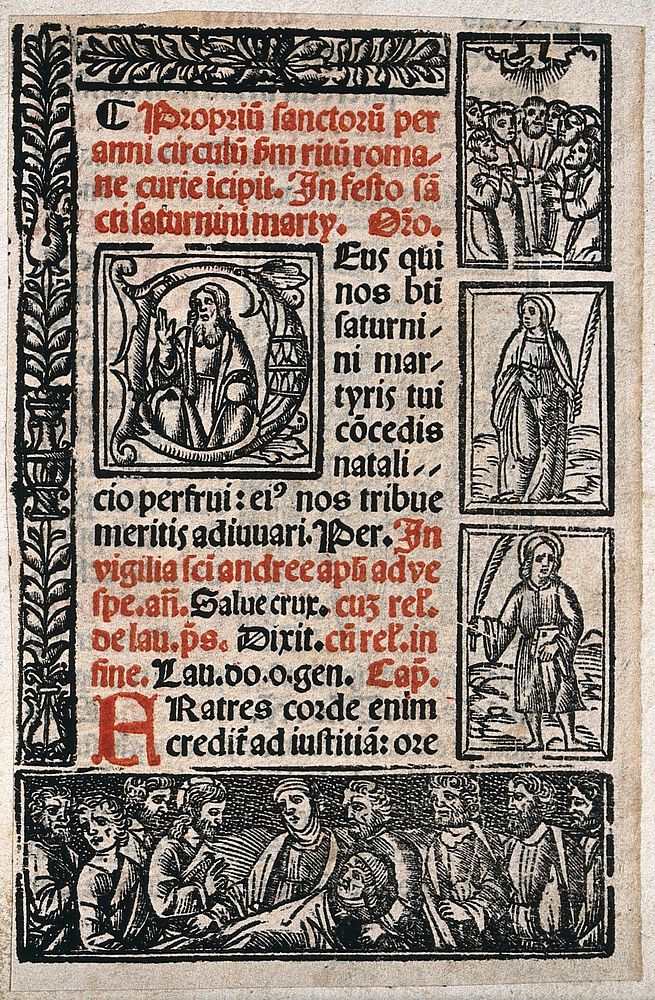 God the Father, an Ascension, a female martyr, Saint Andrew  and Christ. Woodcut.