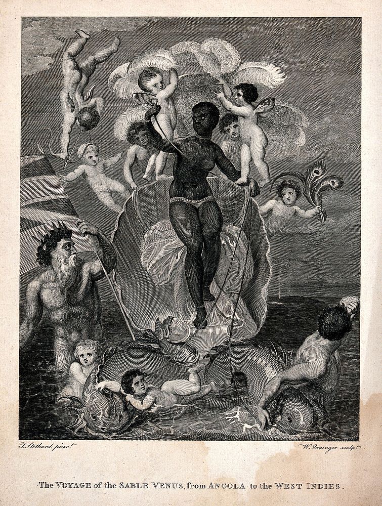 Venus as a black woman slave travelling on a shell across the Atlantic from Angola to the West Indies. Engraving by W.…