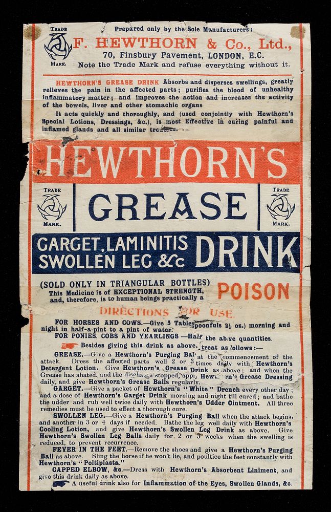 Hewthorn's grease drink : garget, laminitis, swollen leg &c / F. Hewthorn & Co., Ltd.