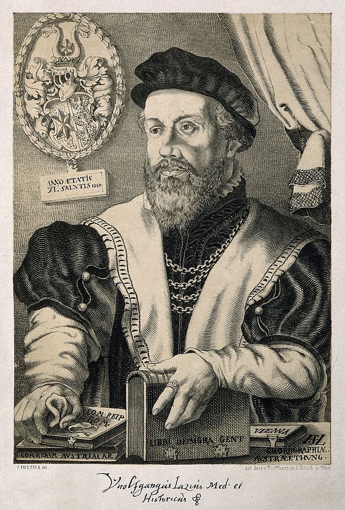 Wolfgang Lazius. Lithograph by A. Camesina after H. S. Lautensack, 1558.