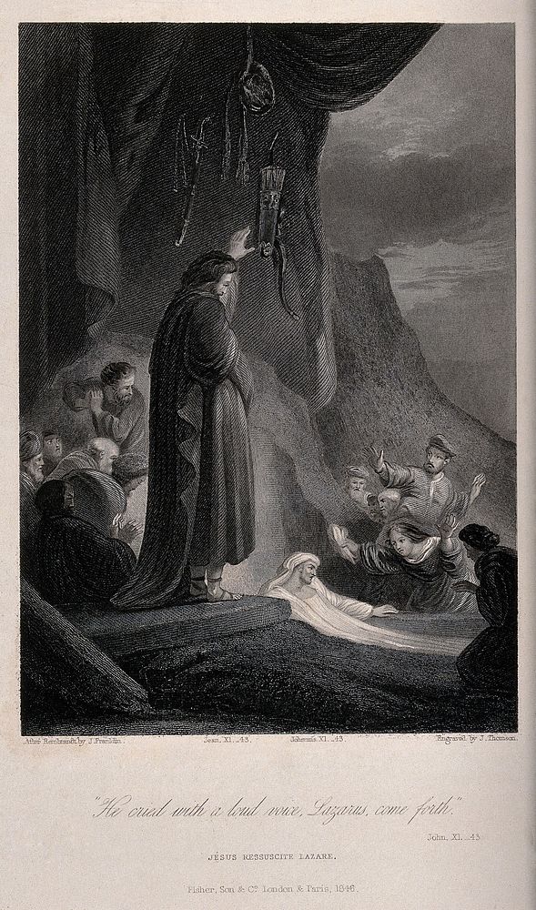 Christ raises Lazarus from his tomb; weapons hang from above. Engraving by J. Thomson, 1846, after J. Franklin after…