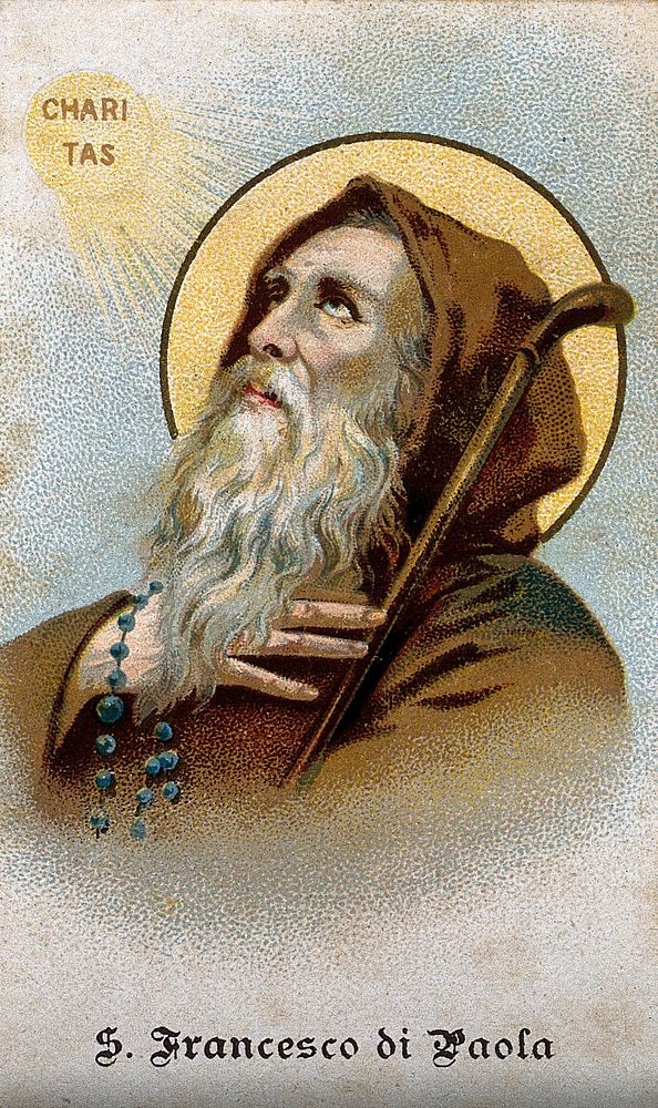 Saint Francis of Paula holding a rosary and looking at the sun. Colour lithograph, 18 August 1898.