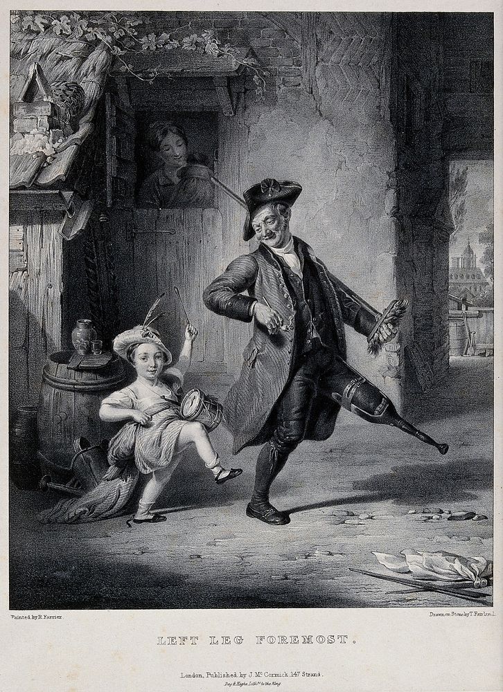 An old man with a wooden leg, probably a former soldier, marches with a shouldered broomstick to the drum beaten by a child…