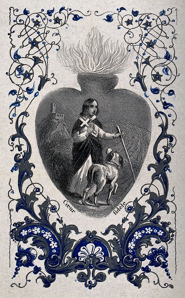 The Sacred Heart bearing a scene of a believer carrying a cross and being accompanied by a dog. Colour lithograph.