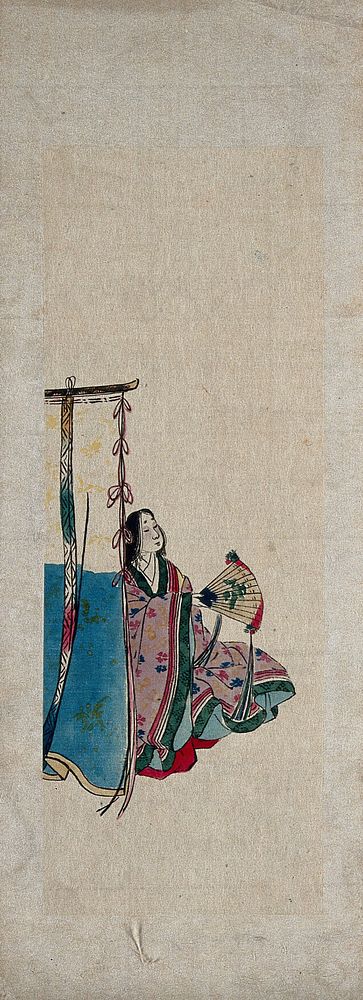 A Japanese woman holding a fan. Watercolour, 18--.