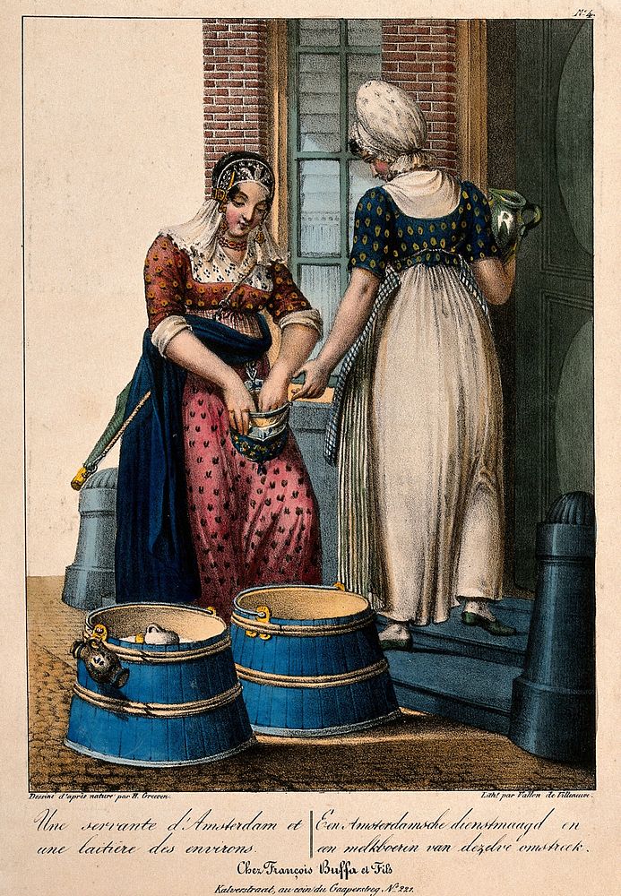 A maidservant on the doorstep of an Amsterdam house purchases milk from a local milkmaid. Coloured lithograph by J. Vallou…