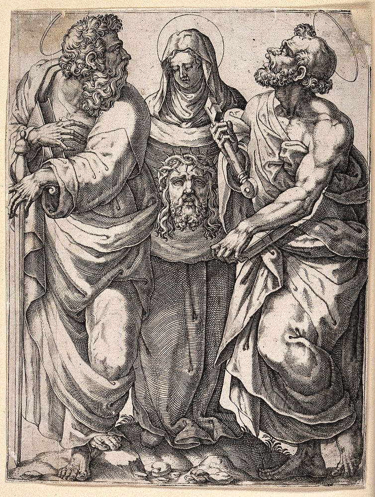 Saint Paul the Apostle, Saint Veronica and Saint Peter the Apostle. Engraving.