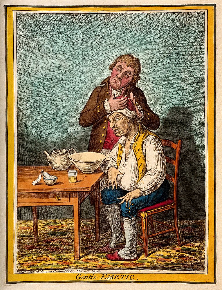 A grimacing invalid seated before a bowl having received an emetic, another man clasps his head compassionately. Coloured…