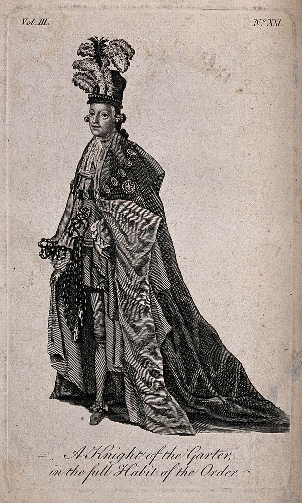 A knight in the costume of the Order of the Garter. Etching.