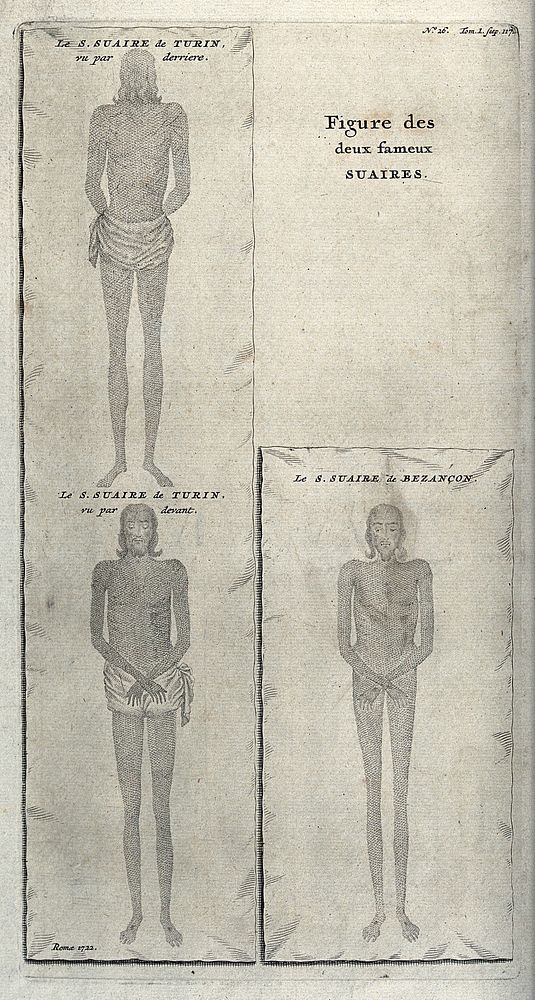The two Holy Shrouds of Turin and of Besancon. Engraving, 1722.