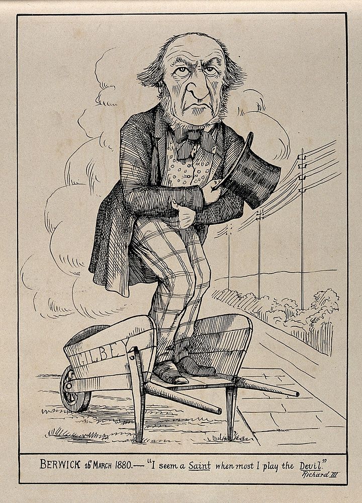 William Gladstone standing in a wheelbarrow. Engraving, March 1880.