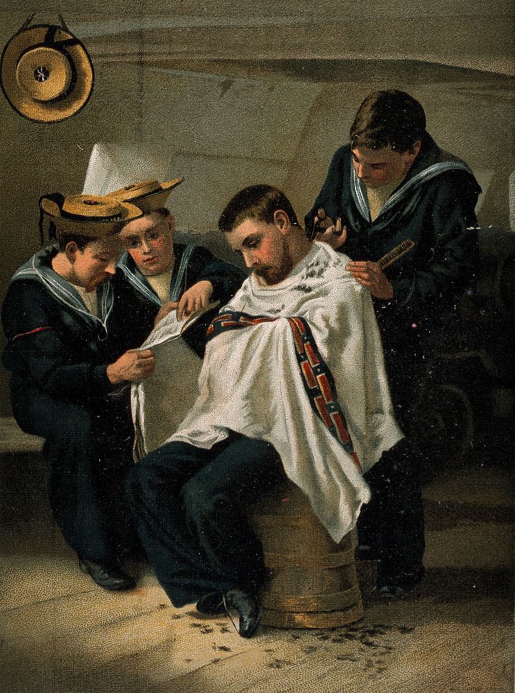 A rating having his hair cut by another seaman below deck. Chromolithograph after G. Morton.
