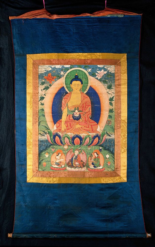 Bhaisajyaguru (the Medicine Buddha) and Padmasambhava (below, centre). Distemper painting by a Tibetan painter.
