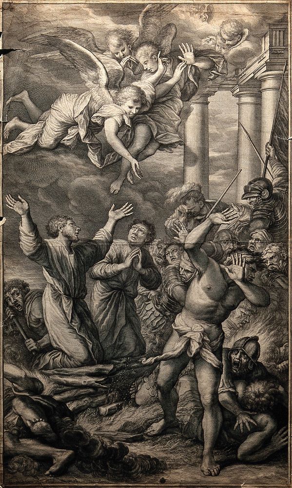 Martyrdom of Saint Cosmas and Saint Damian. Engraving by P. Simon after S. Rosa.