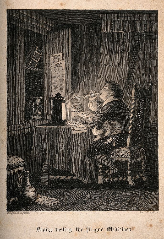 A man consuming many antidotes to the plague during the Great Plague of London. Etching by J. Franklin, 1841.