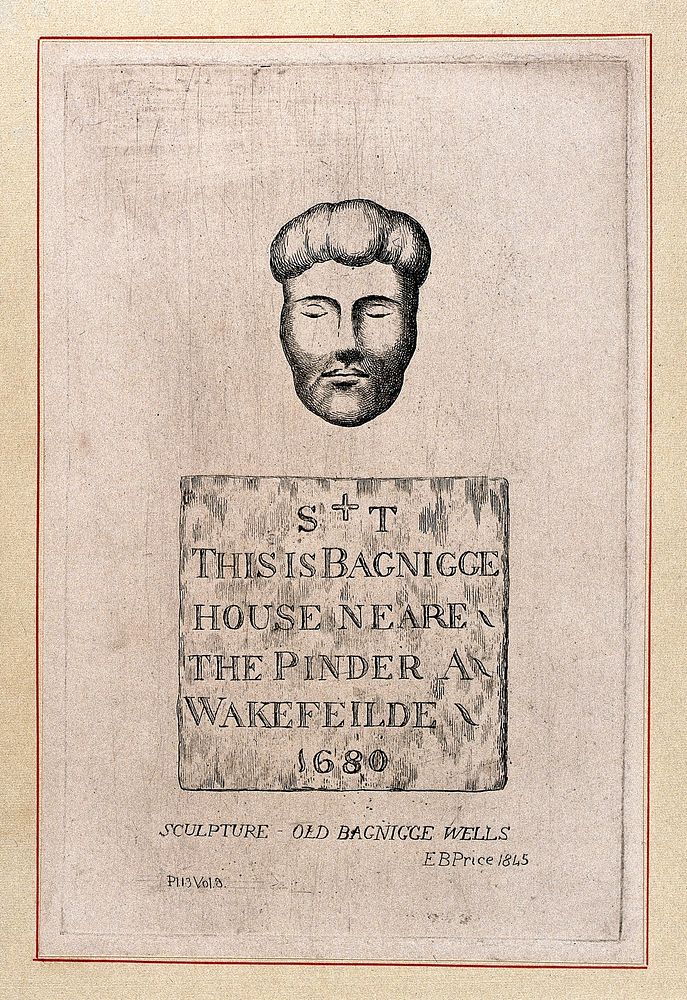 Bagnigge Wells: a plaque marking Bagnigge House, a carved face above, with lettering beneath. Engraving by E. B. Price, 1845.