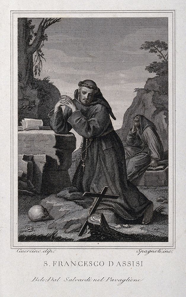 Saint Francis of Assisi, kneeling, contemplating a crucifix; a Franciscan monk in the background. Engraving by F. Spagnoli…