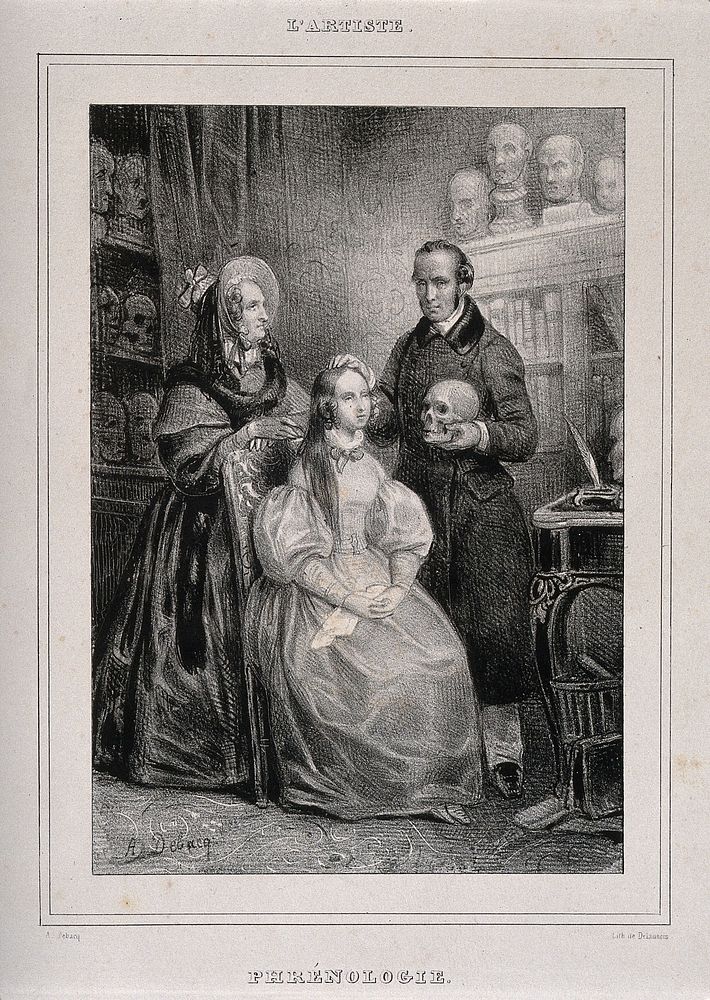 A phrenologist holding a skull palpates a girl's skull, while her mother looks on. Lithograph by A-N. Delaunois after A.…