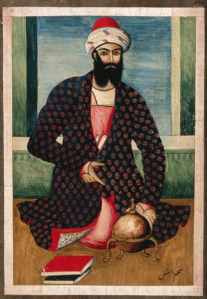 Munajjum Bāshi, royal astronomer to the Qajars. Gouache painting by a Persian artist, Qajar period.