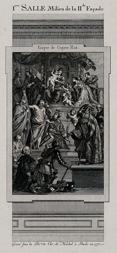 The electoral picture gallery at Düsseldorf: paintings in the first gallery. Engraving, 1775.