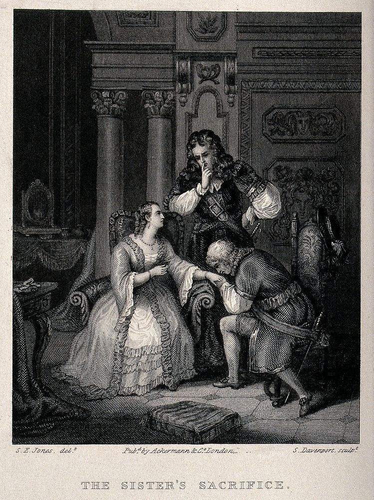 A young woman in Genoa is being proposed to, watched anxiously by her brother. Engraving by S. Davenport after S.J.E. Jones.
