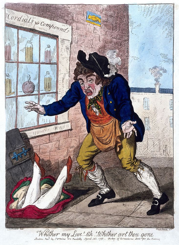A woman falling headfirst through an open cellar-door outside a pharmacy, and a man expressing his concern. Coloured etching…