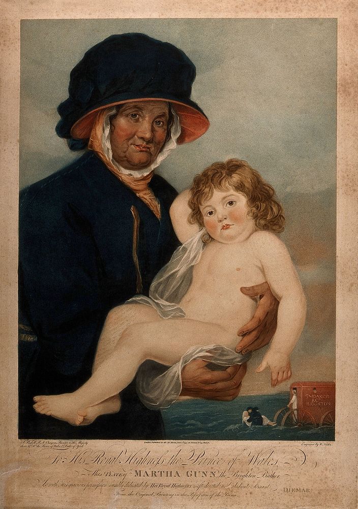 Martha Gunn, a Brighton bather holding a small child that she has just saved from drowning. Coloured engraving by W. Nutter…