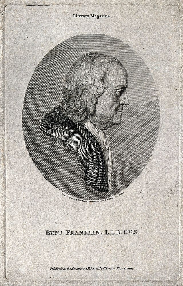 Benjamin Franklin. Line engraving by T. Holloway, 1791, after J. J. Caffiéri, 1777.