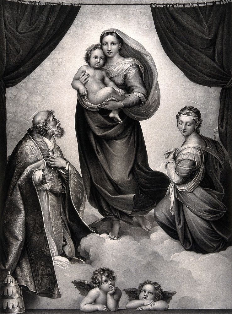 Saint Mary (the Blessed Virgin) with the Christ Child, Saint Sixtus, Saint Barbara and angels. Lithograph by F.S.…