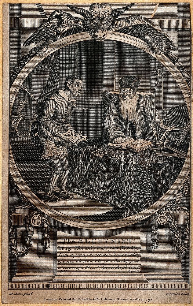 Subtle the alchemist, posing as an astrologer, being visited by Abel Drugger, in Ben Jonson's 'The alchemist'. Engraving by…