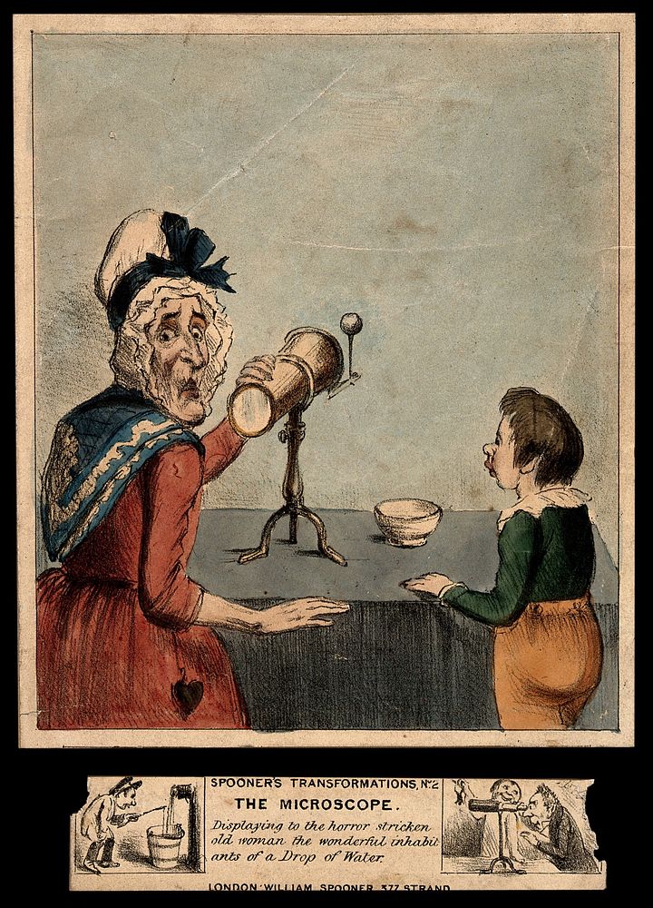 A horrified old woman observing the monstrous contents of a drop of water through a microscope. Coloured transparency…