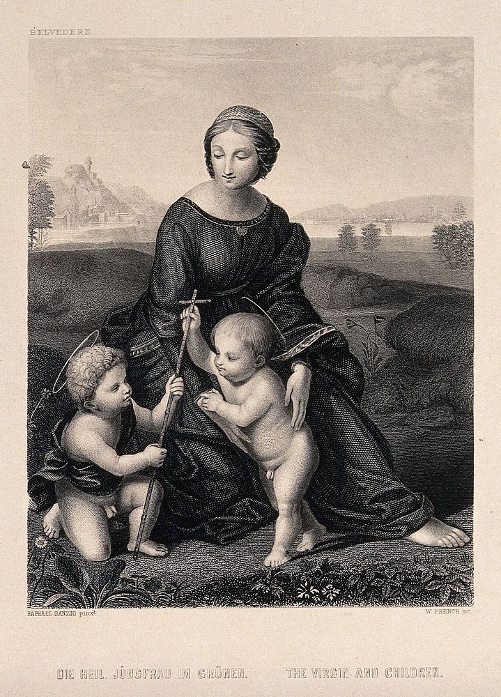 Saint Mary (the Blessed Virgin) with the Christ Child and Saint John the Baptist. Engraving by W. French after Raphael.