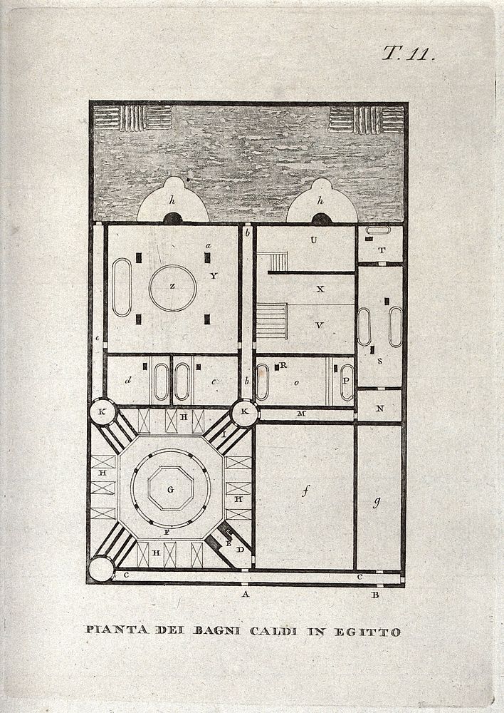 A plan of an Egyptian bath-house. Engraving with aquatint by G.B. Cecchi.