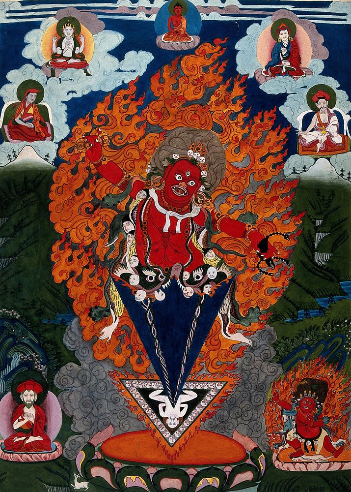 Padmasambhava as Guru Dragmar: Padmasambhava takes the form of the mystic ritual dagger (phurba). Gouache painting by a…