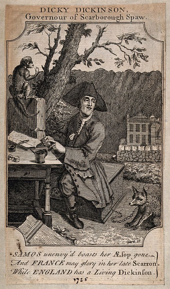 Richard Dickinson, an eccentric who imagines himself a wealthy king, from Scarborough. Engraving by Clark after H. Hysing.