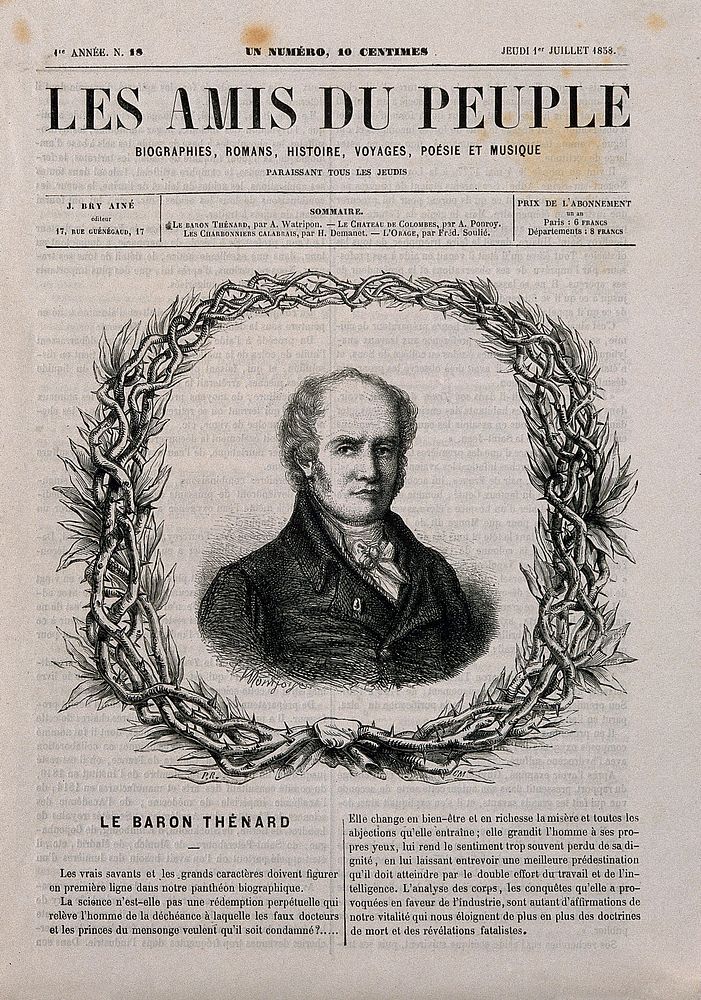Louis-Jacques, Baron Thénard. Wood engraving by P.R., 1858, after L. de Montjoye.