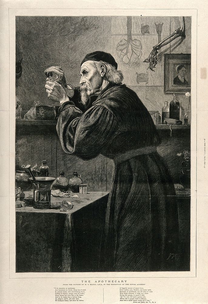 An apothecary in his laboratory concocting a mixture. Wood engraving by F.Mc F  after, 1876, after H.S. Marks.