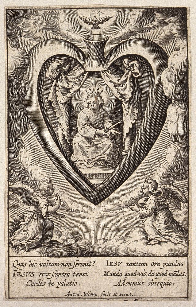 The Christ Child enthroned as a king in the palace of the believer's heart, venerated by angels. Engraving by A. Wierix, ca.…