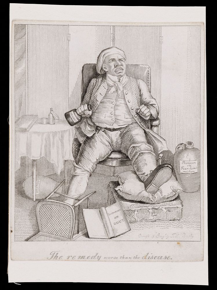 A man with gout who finds the remedies worse than the disease. Etching by T.L. Busby, 182-.